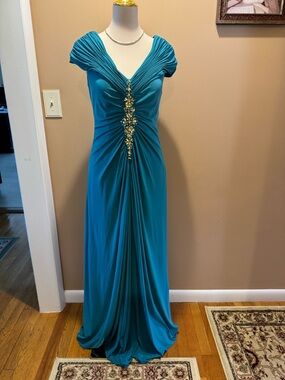 Teal Ruched V-Neck Evening Gown with Embellished Front